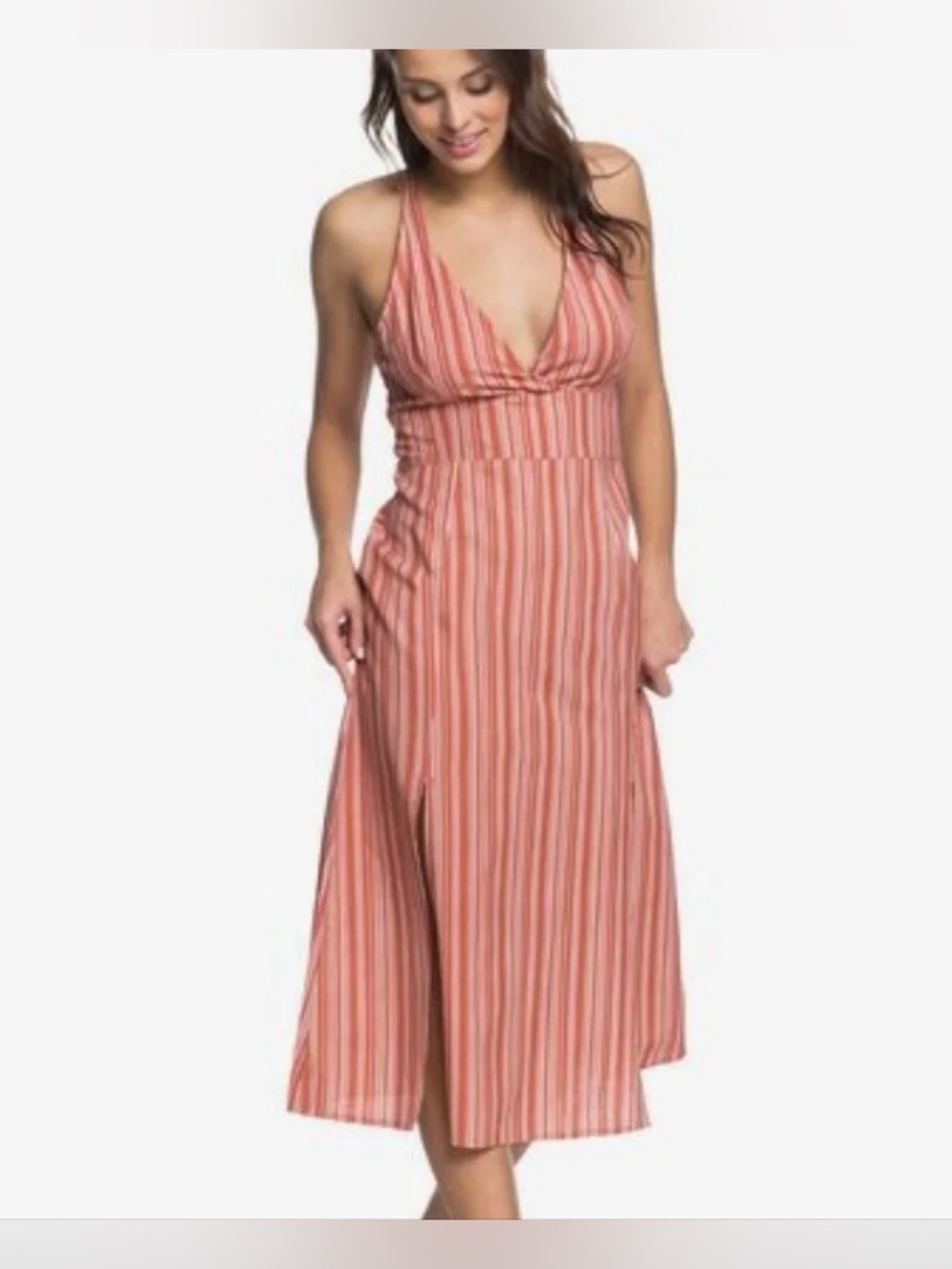 Roxy Coral and White Striped Halter Midi Dress